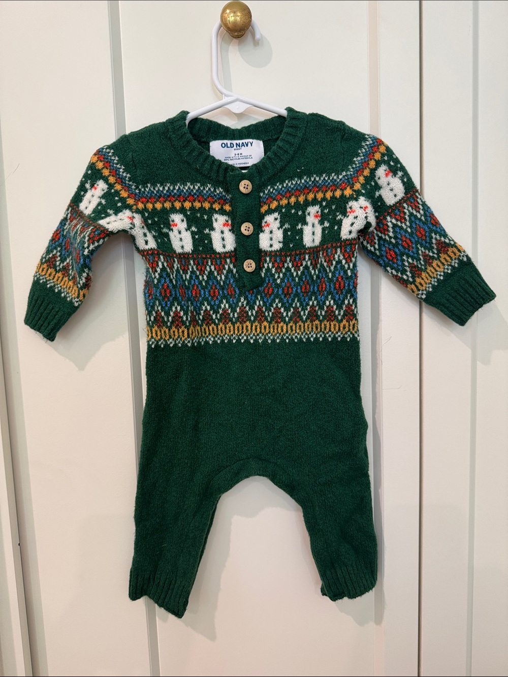 Old Navy Baby Green Knit Fair Isle Snowman one piece